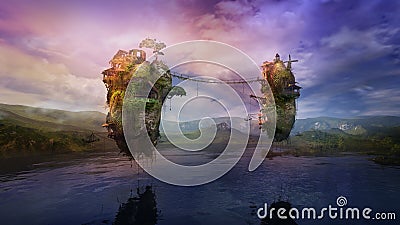 Fantastic lake landscape with inhabited flying islands, 3D render. Stock Photo