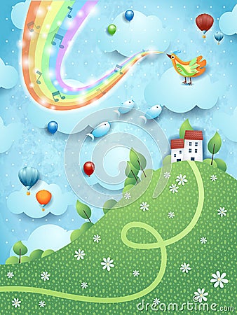 Fantastic landscape with hill, music, bird and rainbow colors Cartoon Illustration