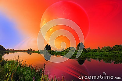 Fantastic Landscape with Large Planet over Tranquil River Stock Photo