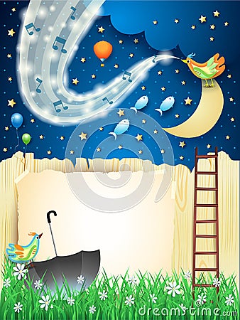 Fantastic landscape by night with music, bird and wave of sparkles Cartoon Illustration