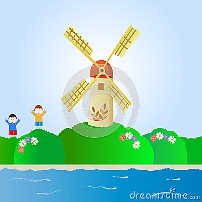 Fantastic landscape with windmill and children Vector Illustration