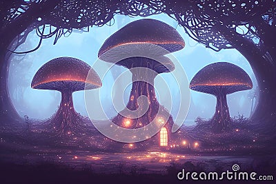 Fantastic lilac forest with giant mushrooms at night 3d illustration. Generative AI Cartoon Illustration