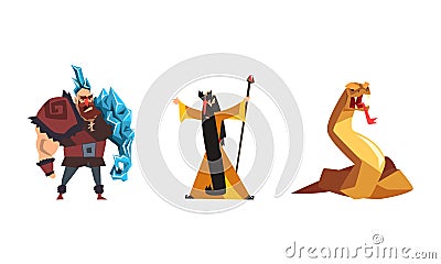 Fantastic Magical Creature Characters Set, Ice Frost Powerful Man, Magician, Serpentine Beast Cartoon Vector Vector Illustration