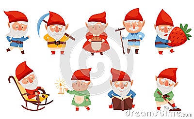 Fantastic Male and Female Gnome Character with Red Pointed Hat Vector Illustration Set Vector Illustration