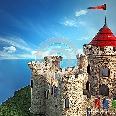 Fantastic medieval castle under dramatic sky Stock Photo