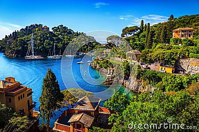 Fantastic mediterranean bay with spectacular harbor, Portofino, Liguria, Italy, Europe Stock Photo