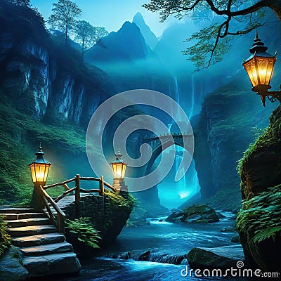 fantastic mystical landscape of the elven Grim and magical place in the Cartoon Illustration