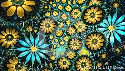 Fantastic neutron electron flowers with neon light, fantasy art, Cartoon Illustration