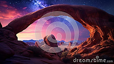 Fantastic night landscape with bright arched milky way, purple sky with stars, pink light and hills Stock Photo