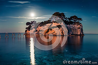 Fantastic night view of the Cameo Island. Slendid spring scene on the Port Sostis, Zakinthos island, Greece, Europe. Beauty of Stock Photo