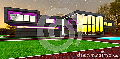 Fantastic night view of the contemporary elite house. Steel glass combined facade finishing. 3d rendering Stock Photo