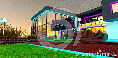 Fantastic night view of the suburban mansion with glowing facade elements. Turquoise illuminated border of the pavement. 3d Stock Photo