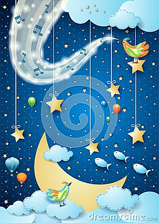 Fantastic night with wave of sparkles, bird and musical notes Vector Illustration
