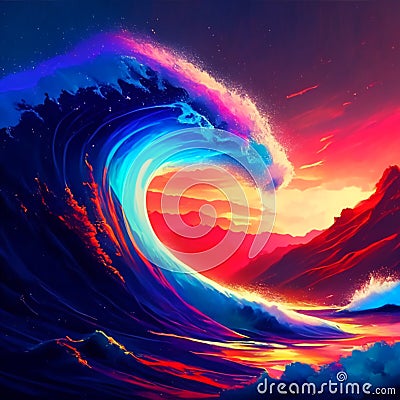 Fantastic ocean wave in the sunset. 3d render illustration Generative AI Cartoon Illustration