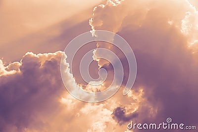 Fantastic orange violet purple sky, beautiful evening sky background. Sunlight, sun rays through clouds Stock Photo