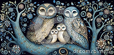 Fantastic ornate owls family on branch blooming tree, whimsical surreal pattern, dark background, fantasy illustration, generative Cartoon Illustration
