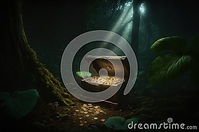 Fantastic picture of the treasure chest in majestic places of the sea bottom. Finances and money concept. Generative AI Stock Photo