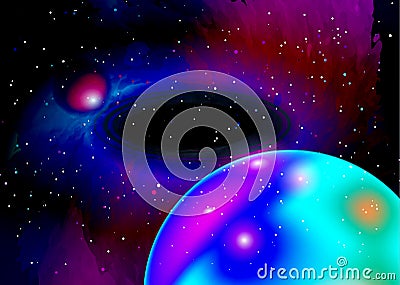 Fantastic planet in deep space. Star field in space and a nebulae. Abstract background of universe and a gas congestion. Galaxy Vector Illustration