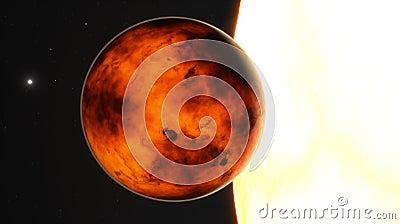 Fantastic planet Mercury near the Sun star. Incandescent lifeless surface of the planet near the sun. 3d render Stock Photo