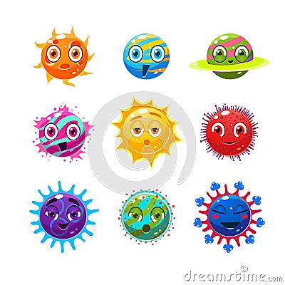 Fantastic planets with faces and emotions. Objects can be used for computer games Vector Illustration
