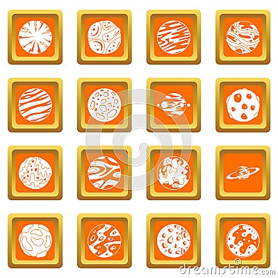 Fantastic planets icons set orange Vector Illustration