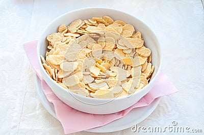 Fantastic porcelain bowls filled with corn flakes cereal Stock Photo