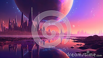 fantastic rocky alien planet cityscape with lake and large celestial body in pink sky, neural network generated image Stock Photo