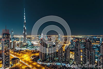 Fantastic rooftop view of Dubai's modern architecture by night Stock Photo