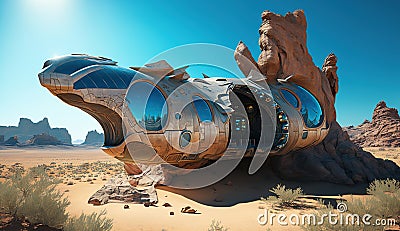 Fantastic Sci-fi landscape of a spaceship on a sunny day, Illustration 3d, Generative Ai Stock Photo