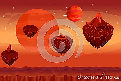 Fantastic space landscape, martian alien planet game seamless background Vector Illustration
