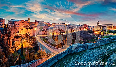 Fantastic spring dawn on Gravina in Puglia tovn. Attractive morning landscape of Apulia, Italy, Europe. Stock Photo