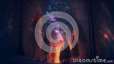 fantastic summer night forest with stars and nebulas, neural network generated art Stock Photo