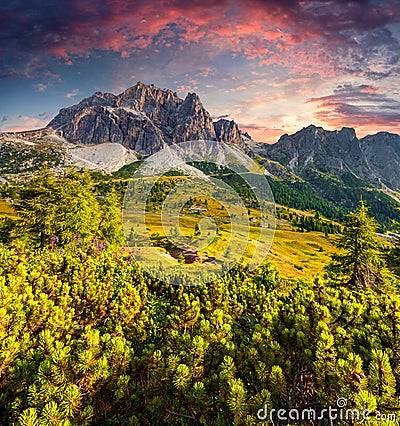 Fantastic summer sunrise on the Tofane mountain range. Stock Photo