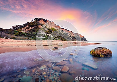 Fantastic summer sunset on Gardeno beach. Impressive evening seascape of Ionian Sea. Great outdoor scene of Corfu island, Greece, Stock Photo