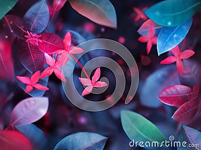 Fantastic summer tropical colorful flowers and leaves. Bright natural spring summer ultra image. Stock Photo