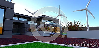 Fantastic sunny view of the private suburban mansion with own wind generators. Good ecological decision. 3d rendering Stock Photo