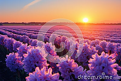A fantastic sunset backdrop for hyacinth fields in full bloom Stock Photo