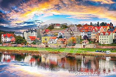 Fantastic sunset view on cityscape of Meissen town on the River Elbe Stock Photo