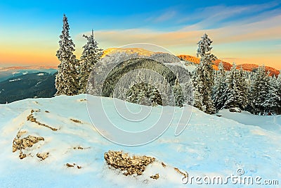 Fantastic sunset and winter landscape,Carpathians,Romania,Europe Stock Photo