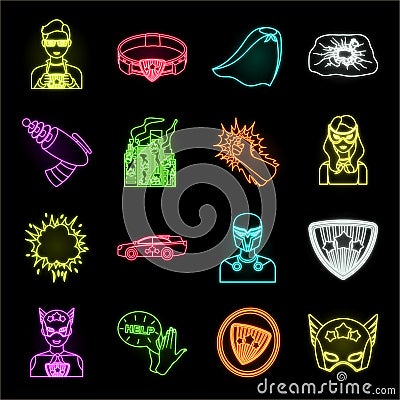 A fantastic superhero neon icons in set collection for design. Superhero`s equipment vector symbol stock web Vector Illustration