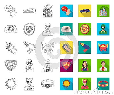 A fantastic superhero outline,flat icons in set collection for design. Superhero`s equipment vector symbol stock web Vector Illustration