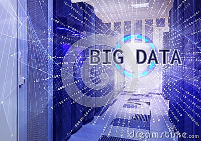Fantastic symmetric data center room with binary code penetration servers covered big data concept graphics Stock Photo