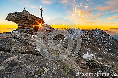 Fantastic top view from Grosser Hafner summit or peak during sunrise, Alps Austria, Hohe Tauern Stock Photo