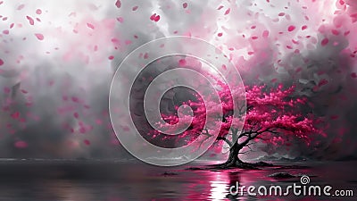 A fantastic tree with bright pink leaves reflected in the water on a gray background. Copy space. Cartoon Illustration