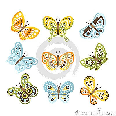 Fantastic Tropical Butterfly With Funky Design Patterns On The Wings Set Of Creative Insect Drawings Vector Illustration