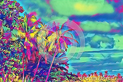 Fantastic tropical forest with palm trees. Sunny day on exotic island. Cartoon Illustration