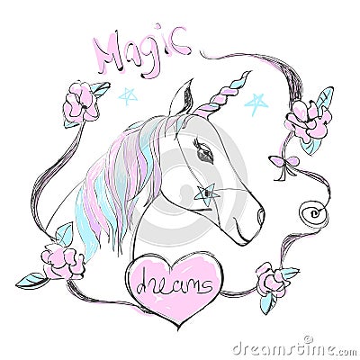 Fantastic unicorn with rainbow colors mane and horn. Vector cute illustration with Magic dreams text. Vector Illustration