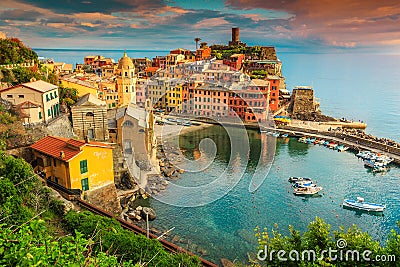 Fantastic Vernazza village with colorful sunset, Cinque Terre, Italy, Europe Stock Photo