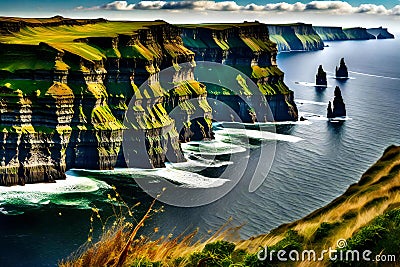Fantastic view of Cliffs of Moher, Location: County Clare, Ireland, Europe Cartoon Illustration