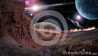 Fantastic view from the red planet. 3D rendering Stock Photo